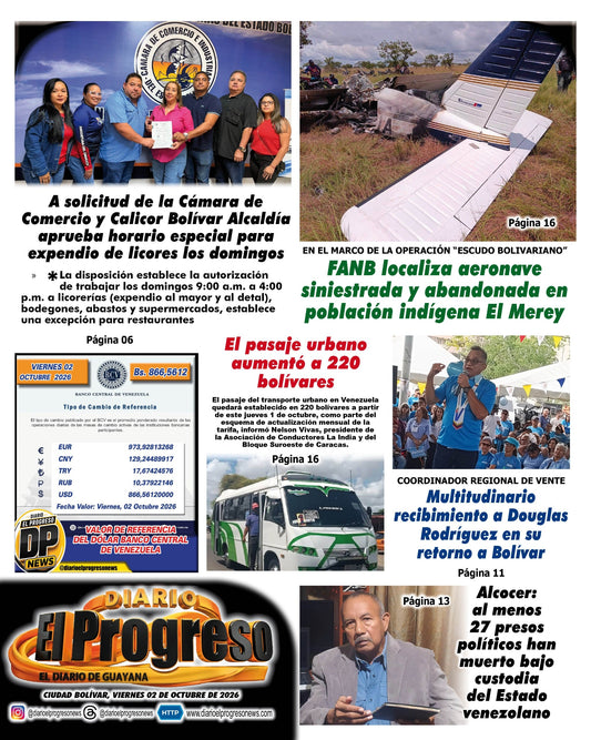 TITULARES DIARIO EL PROGRESO  EDICIÓN VIERNES 02 DE OCTUBRE DE 2026