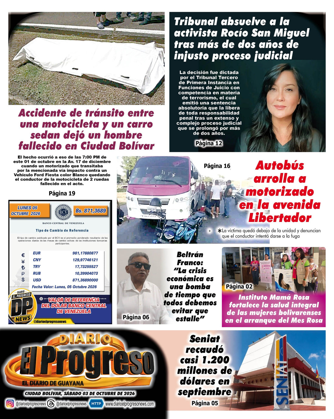 TITULARES DIARIO EL PROGRESO  EDICIÓN SÁBADO 03 DE OCTUBRE DE 2026