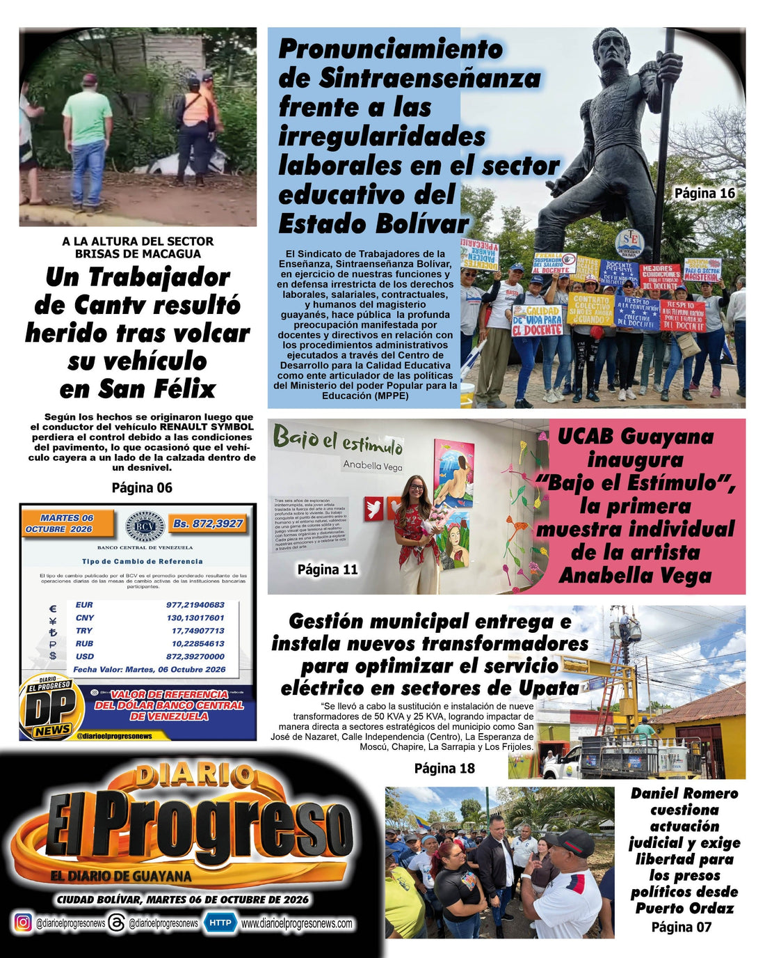 TITULARES DIARIO EL PROGRESO  EDICIÓN MARTES 06 DE OCTUBRE DE 2026