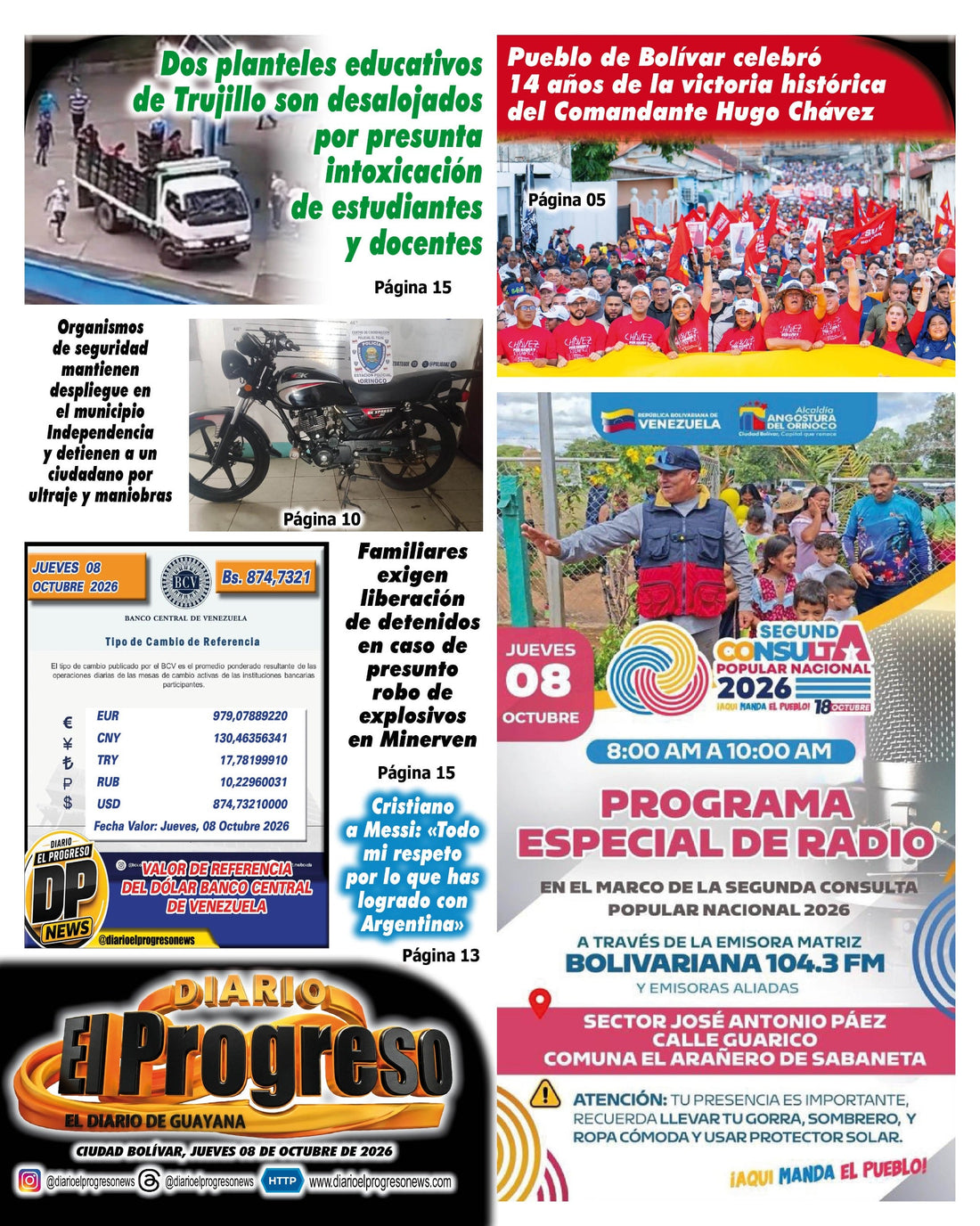 TITULARES DIARIO EL PROGRESO  EDICIÓN JUEVES 08 DE OCTUBRE DE 2026