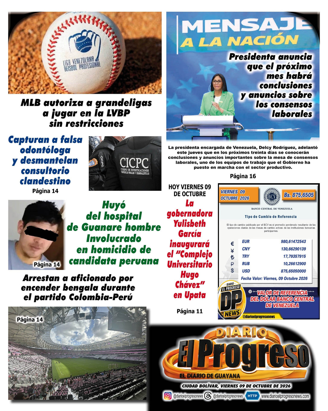 TITULARES DIARIO EL PROGRESO  EDICIÓN VIERNES 09 DE OCTUBRE DE 2026
