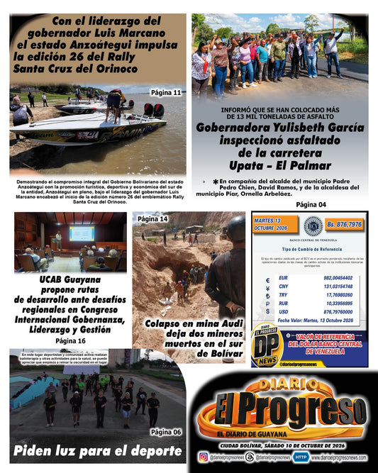 TITULARES DIARIO EL PROGRESO  EDICIÓN SÁBADO 10 DE OCTUBRE DE 2026
