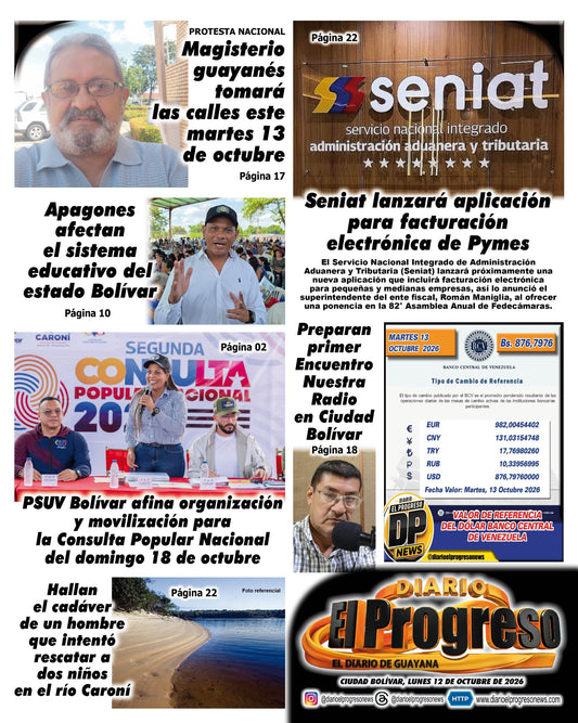 TITULARES DIARIO EL PROGRESO  EDICIÓN LUNES 12 DE OCTUBRE DE 2026
