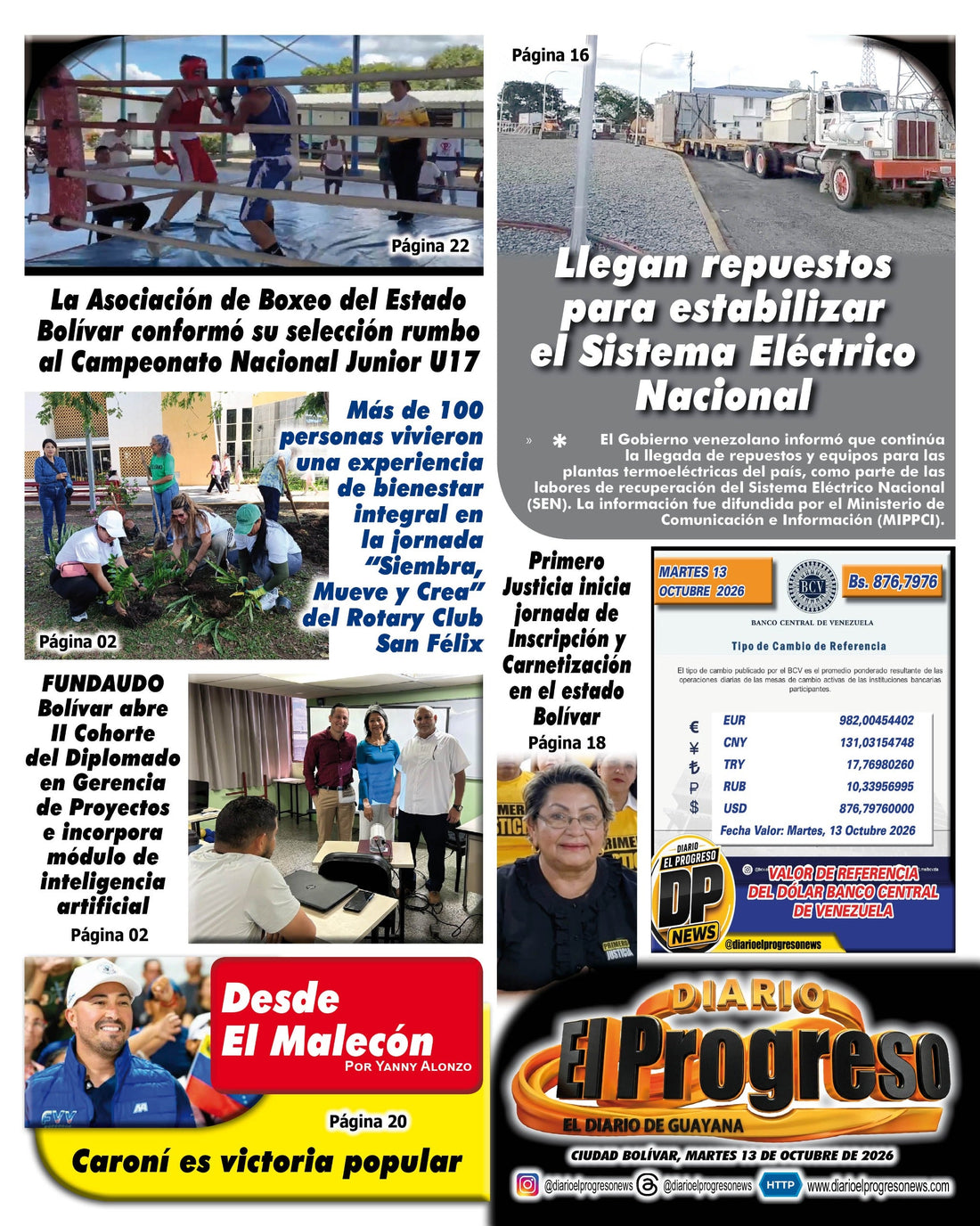 TITULARES DIARIO EL PROGRESO  EDICIÓN MARTES 13 DE OCTUBRE DE 2026