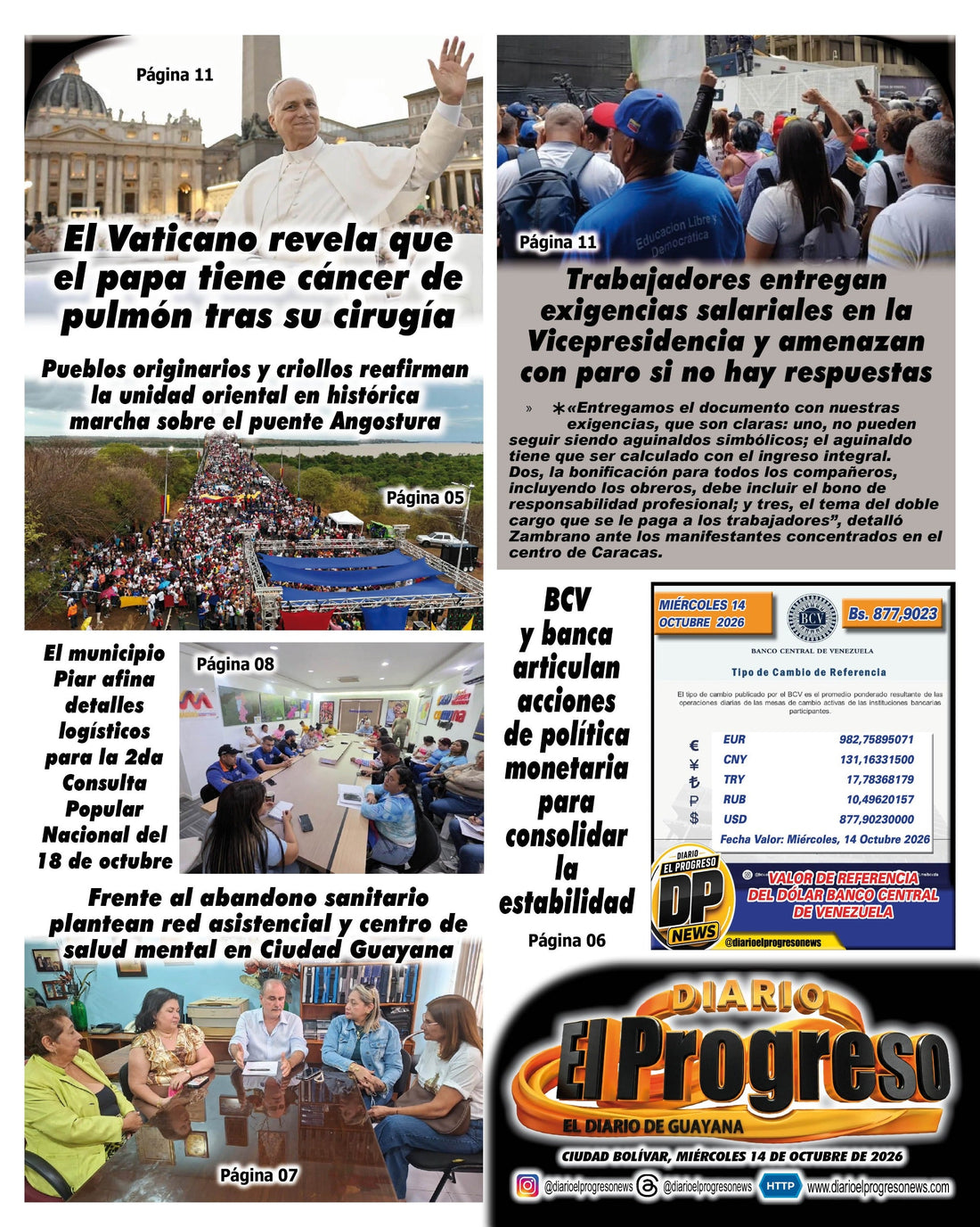TITULARES DIARIO EL PROGRESO  EDICIÓN MIÉRCOLES 14 DE OCTUBRE DE 2026