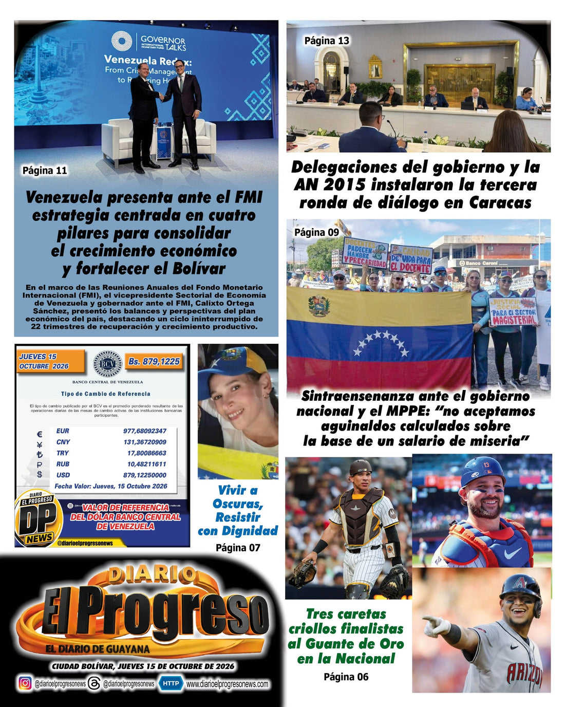 TITULARES DIARIO EL PROGRESO  EDICIÓN JUEVES 15 DE OCTUBRE DE 2026
