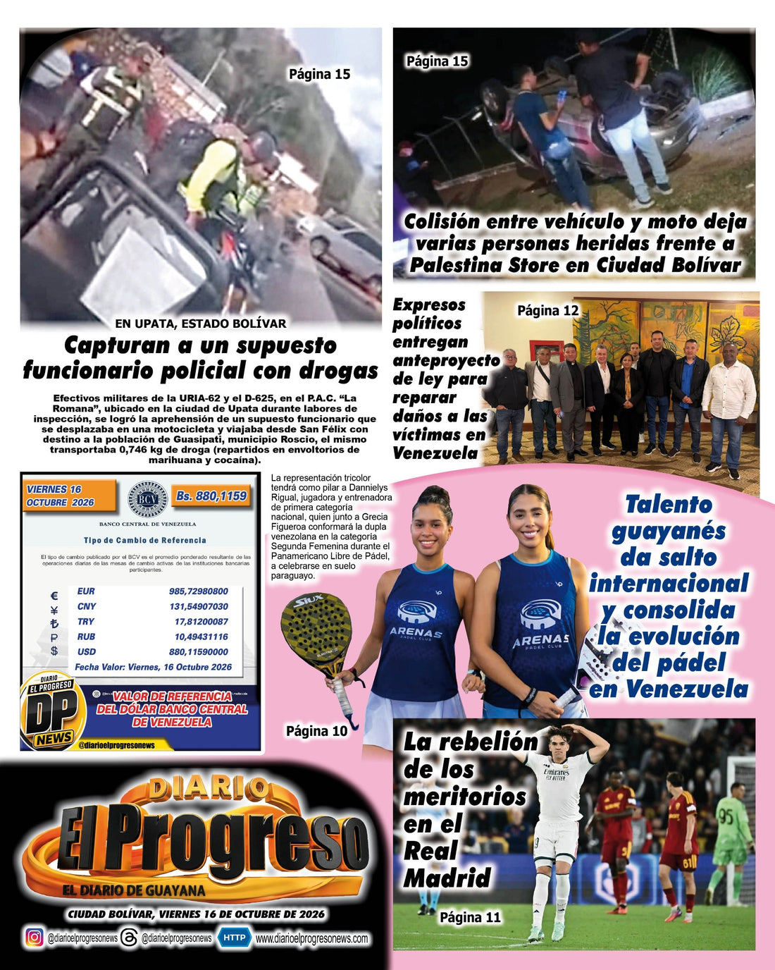TITULARES DIARIO EL PROGRESO  EDICIÓN VIERNES 16 DE OCTUBRE DE 2026