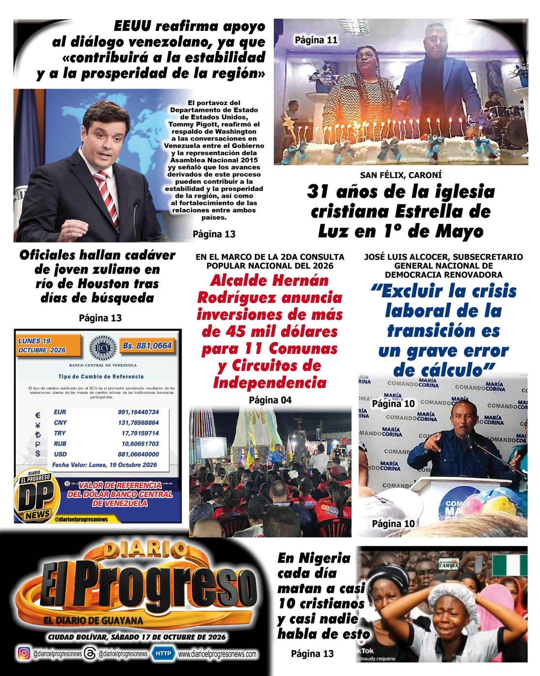 TITULARES DIARIO EL PROGRESO  EDICIÓN SÁBADO 17 DE OCTUBRE DE 2026