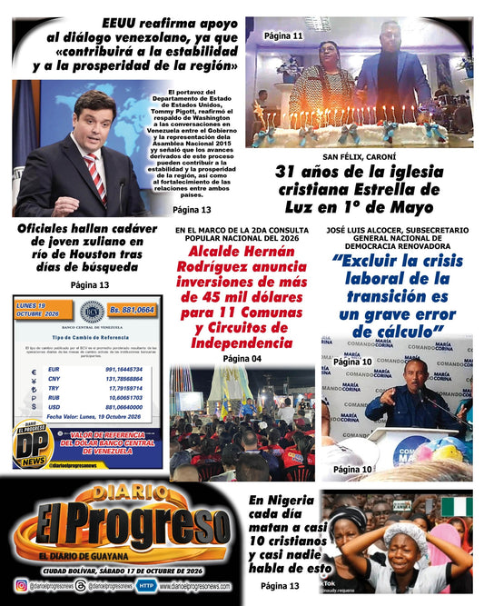 TITULARES DIARIO EL PROGRESO  EDICIÓN SÁBADO 17 DE OCTUBRE DE 2026