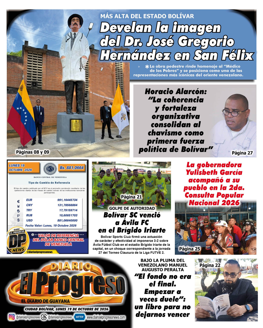 TITULARES DIARIO EL PROGRESO  EDICIÓN LUNES 19 DE OCTUBRE DE 2026