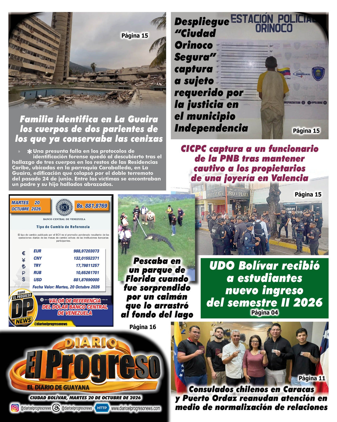 TITULARES DIARIO EL PROGRESO  EDICIÓN MARTES 20 DE OCTUBRE DE 2026