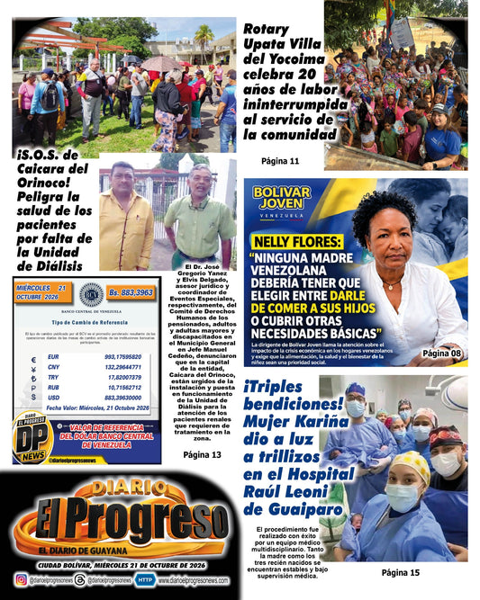TITULARES DIARIO EL PROGRESO  EDICIÓN MIÉRCOLES 21 DE OCTUBRE DE 2026