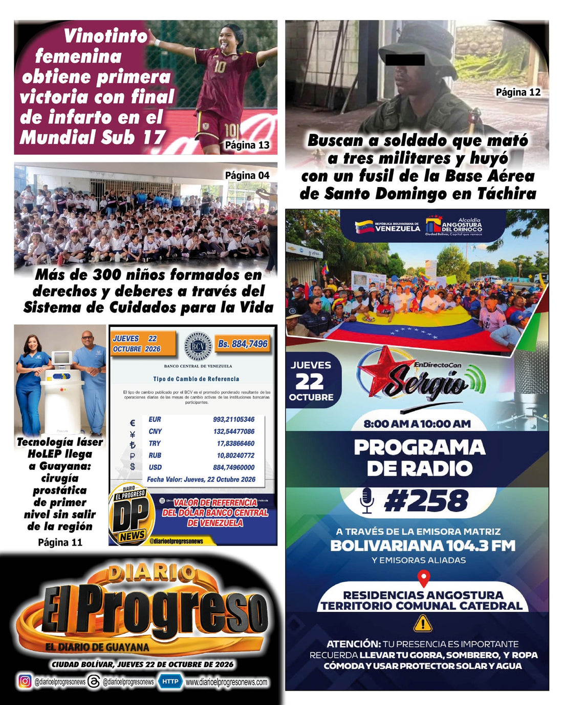 TITULARES DIARIO EL PROGRESO EDICIÓN JUEVES 22 DE OCTUBRE DE 2026