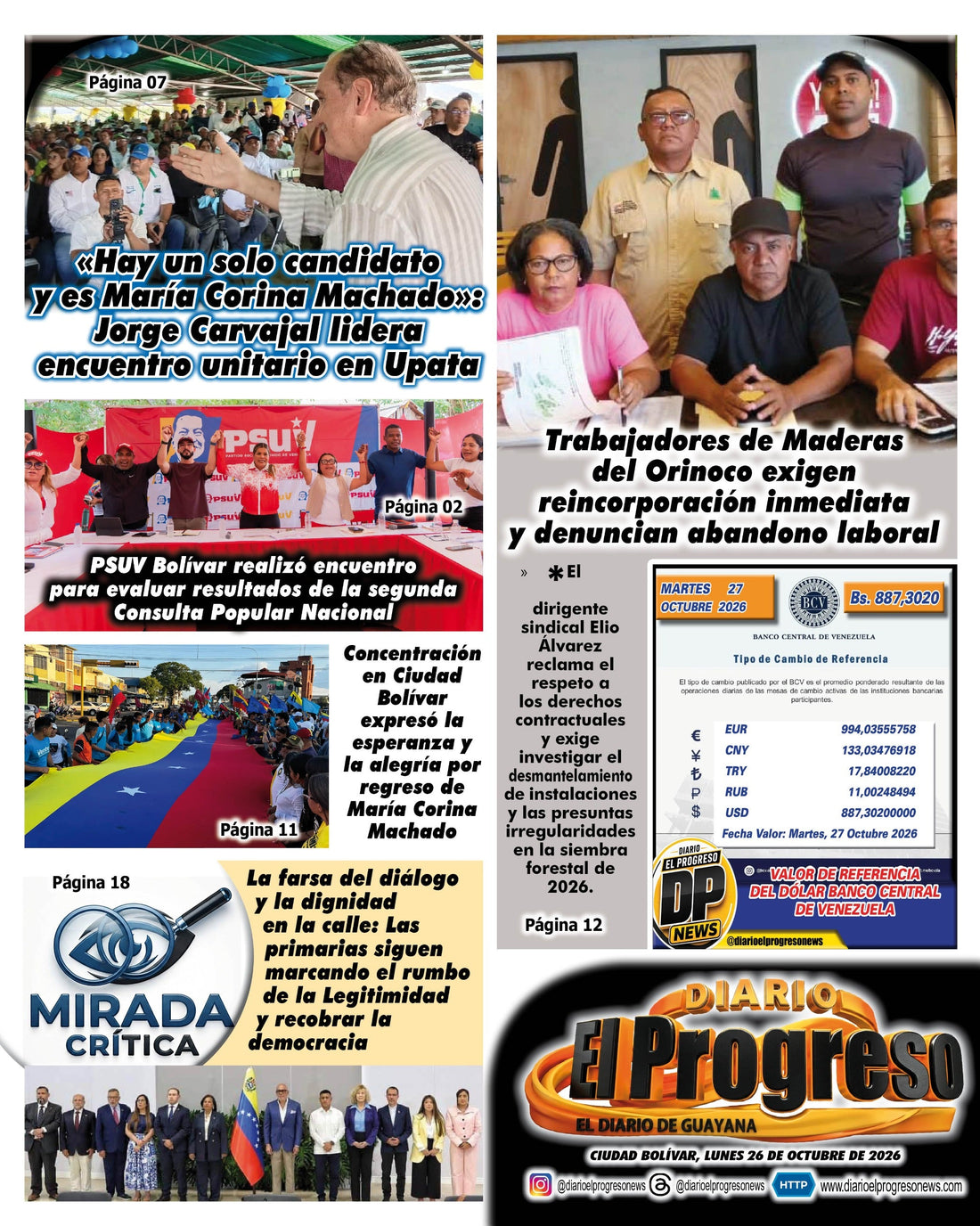 TITULARES DIARIO EL PROGRESO  EDICIÓN LUNES 26 DE OCTUBRE DE 2026