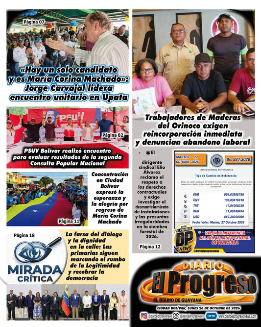TITULARES DIARIO EL PROGRESO  EDICIÓN LUNES 26 DE OCTUBRE DE 2026