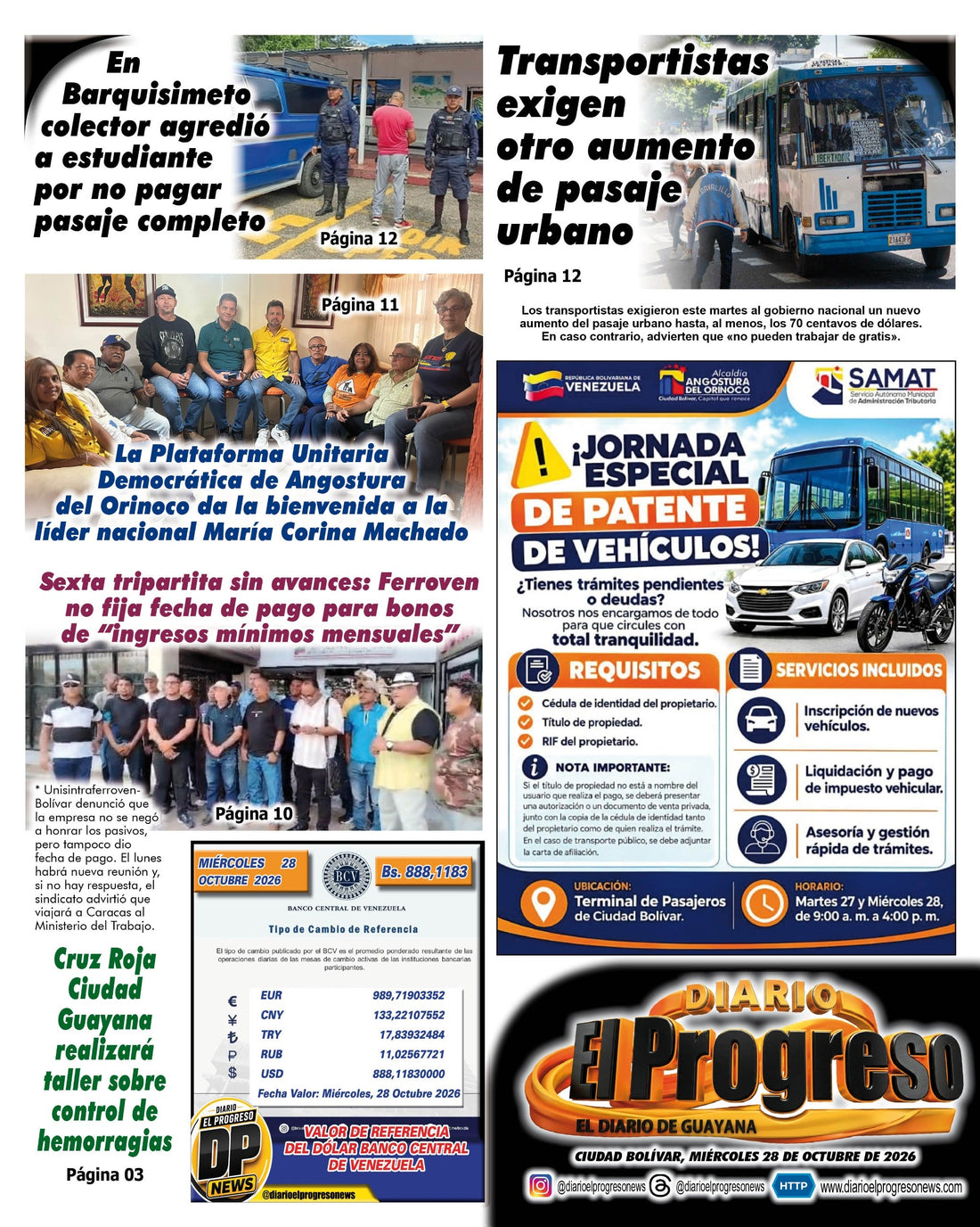 TITULARES DIARIO EL PROGRESO  EDICIÓN MIÉRCOLES 28 DE OCTUBRE DE 2026